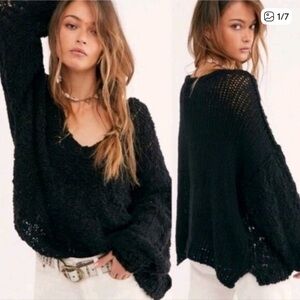 Free People Black Sweater Sunday Shore Open Weave Scoop Neck